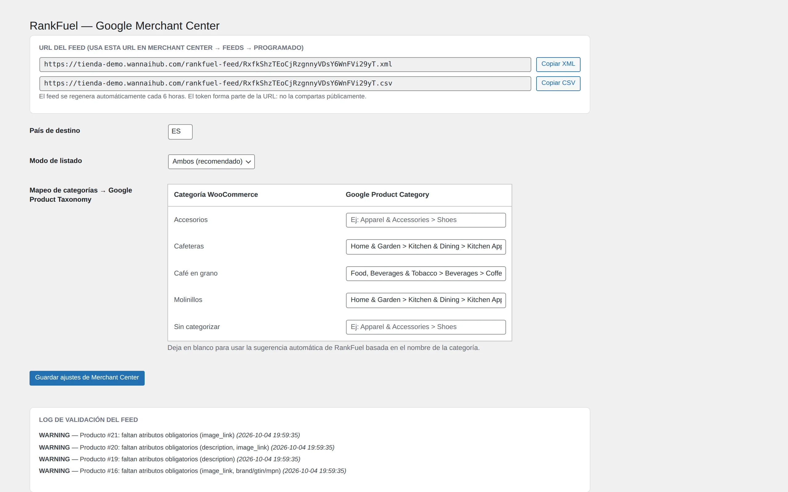 RankFuel Pro: feed de Merchant Center, mapeo de categorías y log de validación